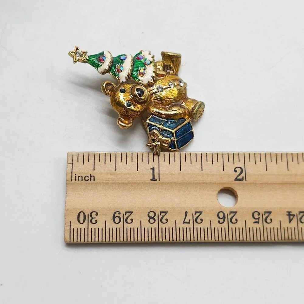 1928 Teddy Bear Christmas Brooch Jewels Tree Present Then Now Forever